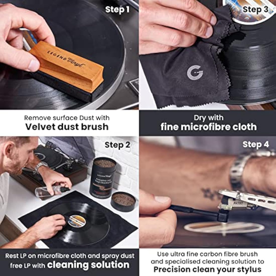 Legend Vinyl Complete Care Vinyl Cleaning Kit - 200ml Cleaning Solution, 2 Large Microfiber Cloths, Wooden Handle Dust Brush, Carbon Fibre Stylus Brush & Fluid for Record Cleaning