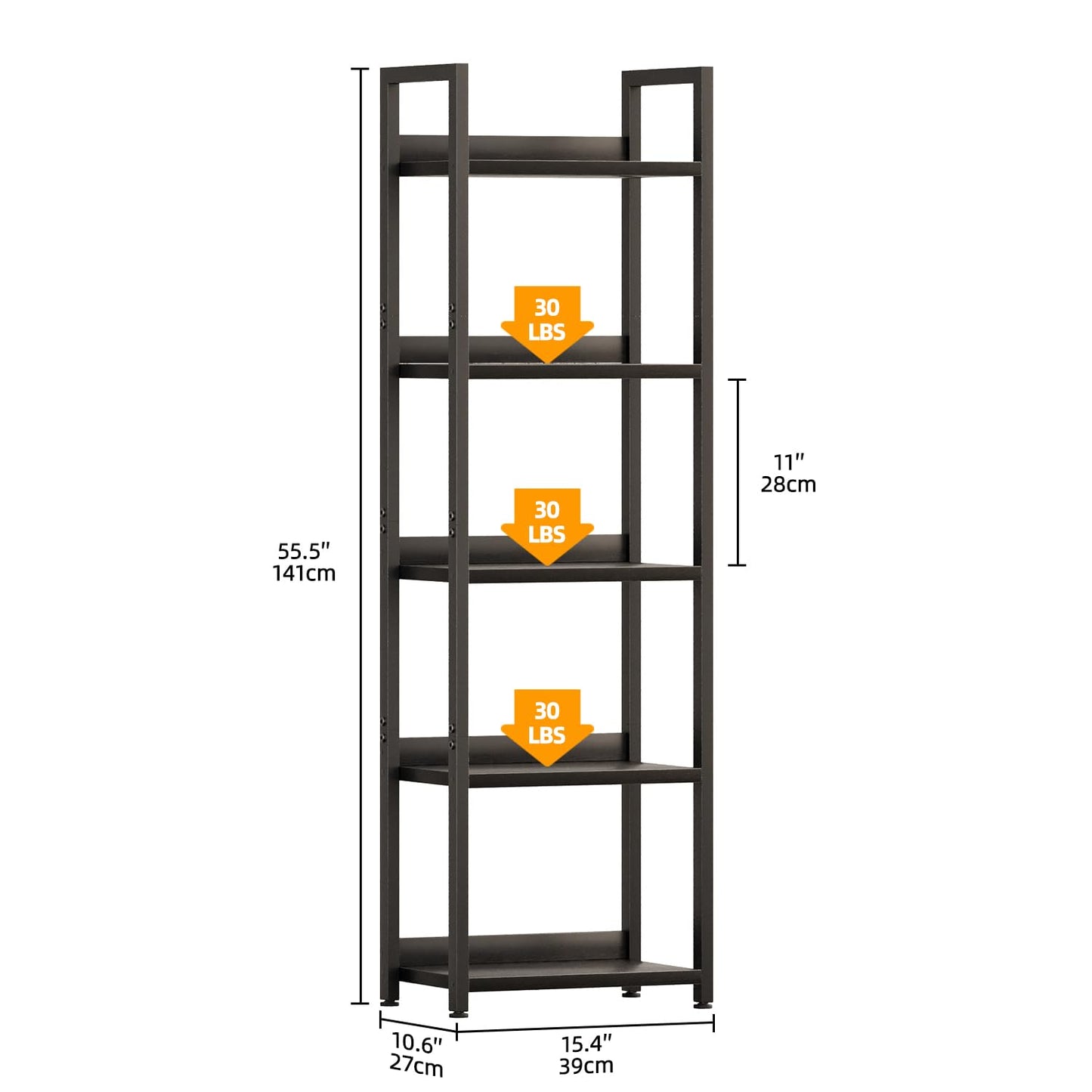 APPOLYN 5 Tier Slim Bookshelf, Bookcase with Backboard, Black
