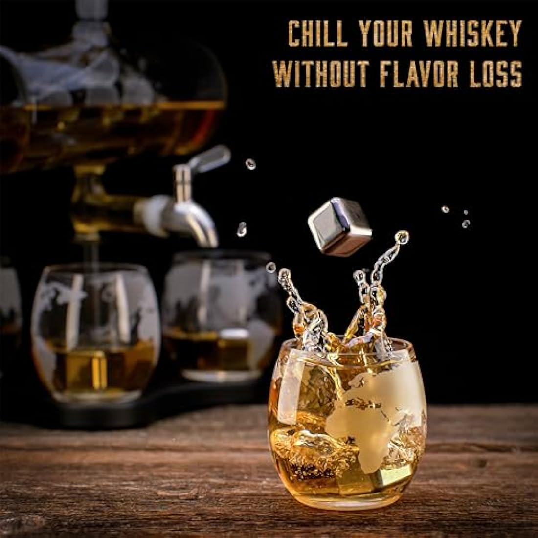 WHISISKEY - Whiskey Decanter Set - 1100ML Ship Carafe - Whiskey Gift Sets for Men - Whisky Set - Glass Gifts for Men - Inc. 4 Whiskey Glasses, 4 Whiskey Stones, Accessories
