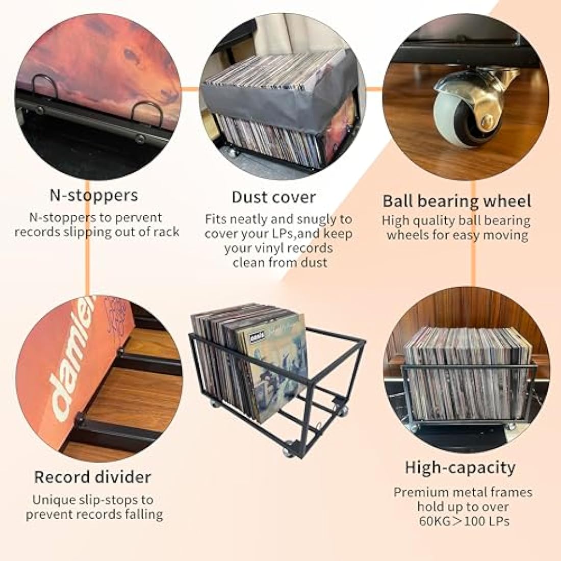 Vinyl Record Storage Holder With Wheels - Holds up to 100 LP - Album Holder Display Stand - Vinyl Record LP Storage organizer - Sturdy Metal Structure - Smooth Black