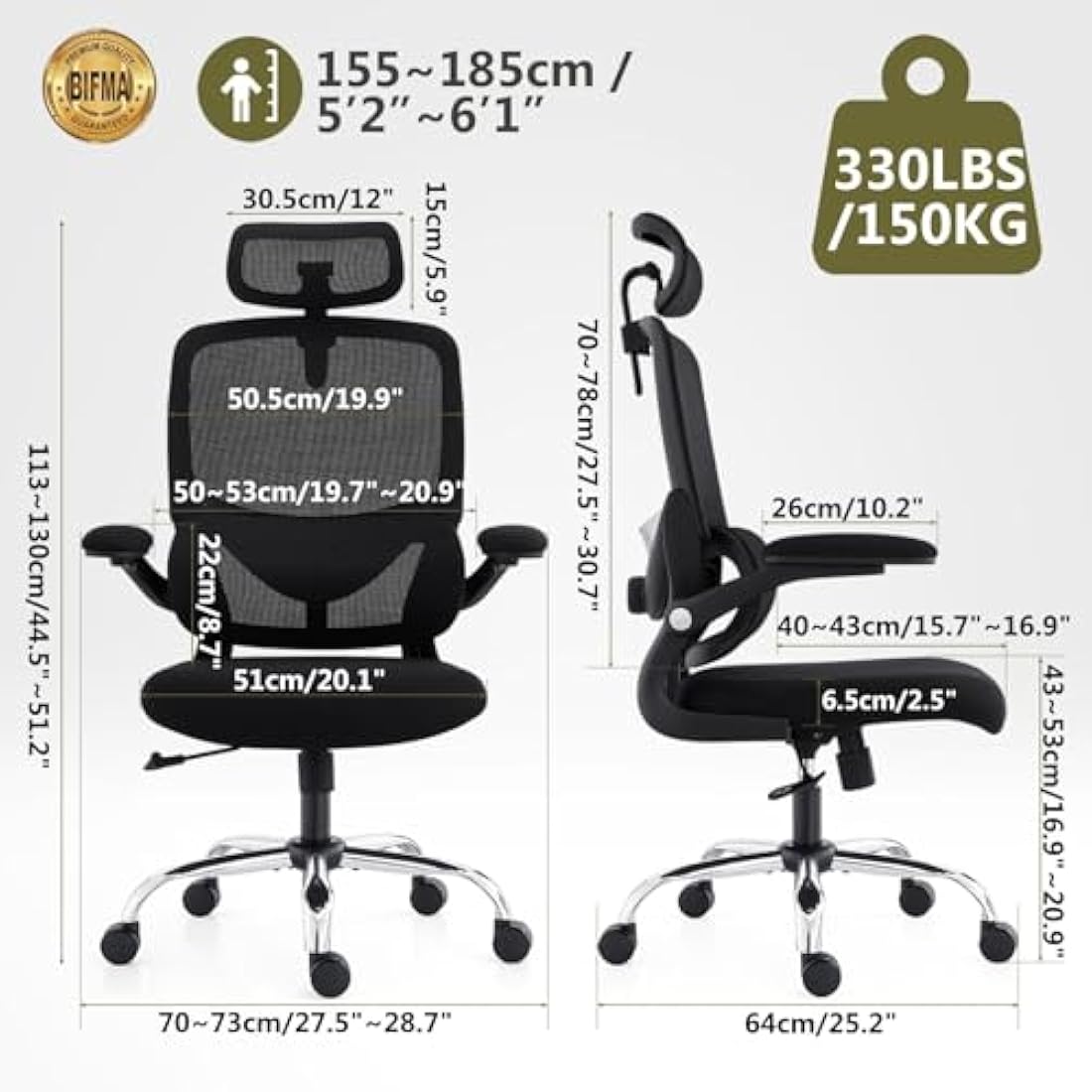 TONFARY Ergonomic Office Chair - High Back Mesh Design with Adjustable Lumbar Support, Flip-Up Armrests, Removable Headrest & 360° Swivel - Space-Saving for Home, Work, or Gaming - Black