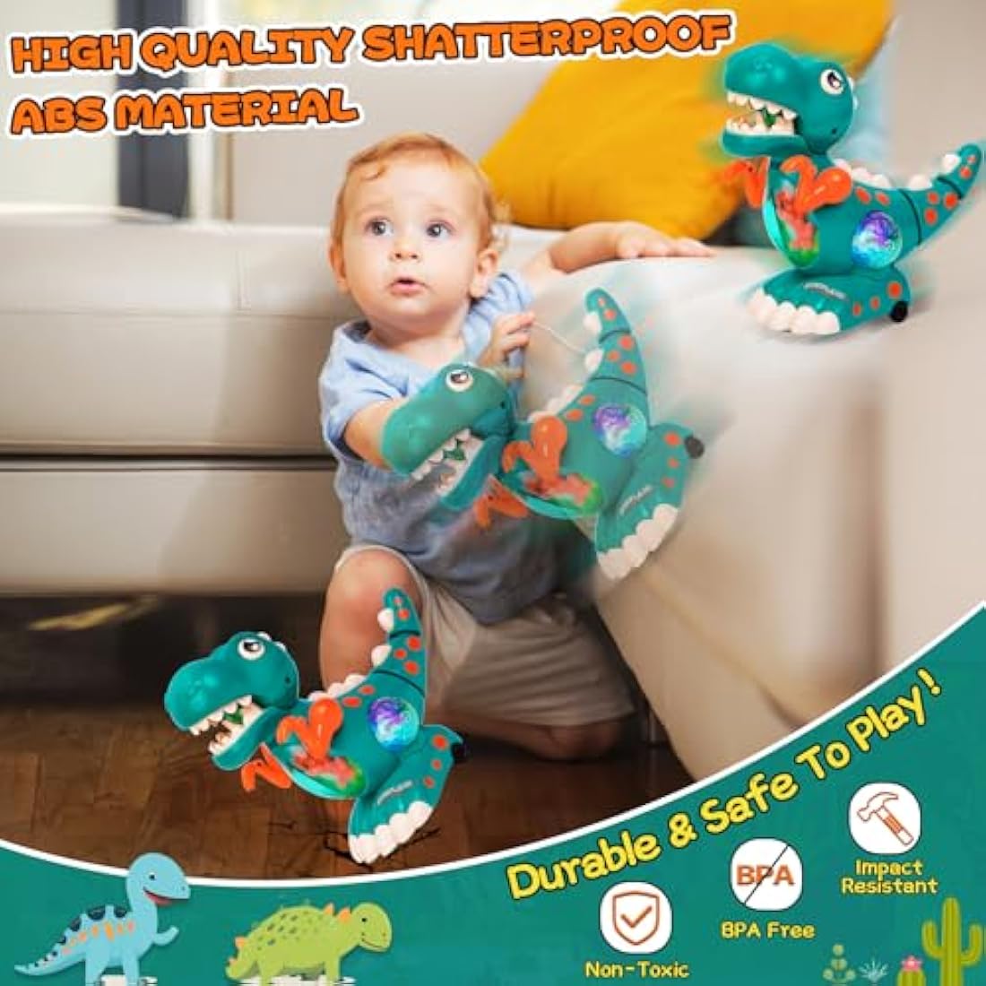 Thedttoy Baby Toys Musical Light Crawling Walking Dinosaur for Boys Girls 12 18 24 Months, Baby Musical Toy Sound Toys Birthday Present Dino Gifts for Kids Toddler Age 1 2 3 4+ Years Old (Green)