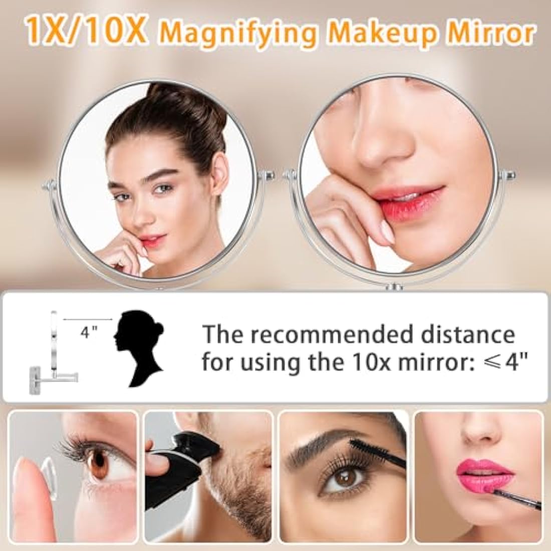 AusDaur Wall Mounted 10X Magnifying Makeup Mirror 8" Double-Side With Extension Arm 360 Swivel for Bathroom and Hotel - Chrome