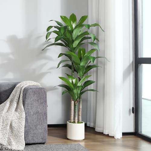 Kazeila Artificial Dracaena Plant 150cm Fake Tall Tree with White Planter,Faux Dragon Tree Plant Indoor Floor Porch Home Decor Office Living Room,1Pcs