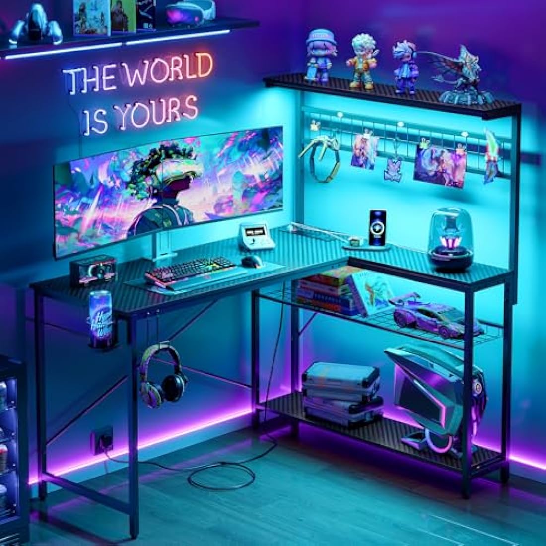 Bestier L-Shaped Gaming Desk with Power Outlets, LED Workstation with 4 Tiers Shelves for Home Office, Gamer Reversible Table with Hooks and Cup (BDCF, 129cm)