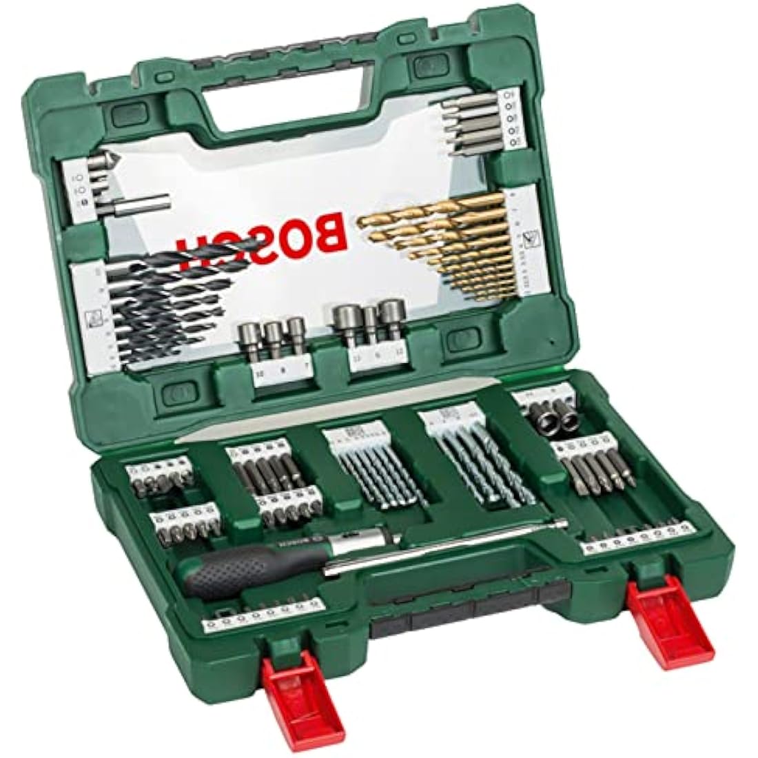 Bosch 2607017195 91-Piece Titanium Drill and Screwdriver Bit Set, V-Line (for Wood, Masonry and Metal, Including Ratchet Screwdriver and Magnetic Rod, Accessories for Drills and Screwdrivers), Green