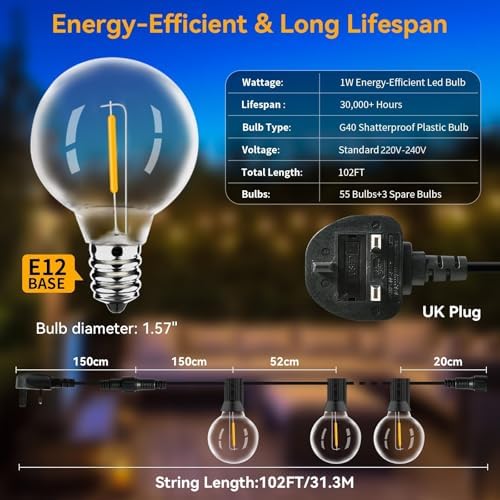 AVANLO LED Outdoor String Lights, 102FT Garden String Lights Mains Powered, Festoon Lights with 55+3 Bulbs for Indoor & Outdoor Décor Wedding Patio Cafe Party