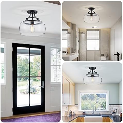 WUZUPS Chandelier Rustic Farmhouse Industrial Round Semi-flushmount Ceiling LED Light Fixture with Clear Glass Shades for Bathroom Kitchen Foyer Entryway, H 30 x W 34, E27 Base, Black