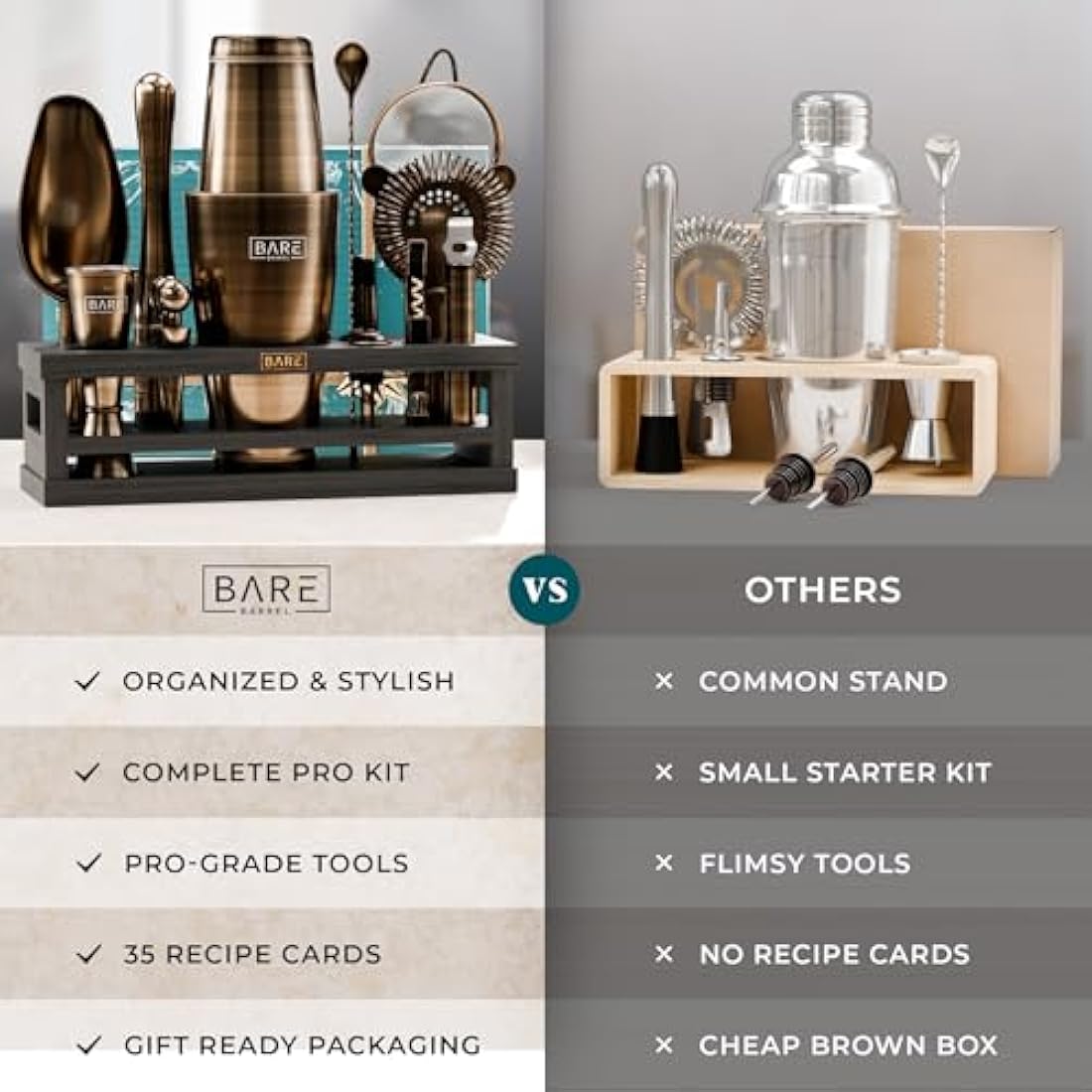 BARE BARREL® Cocktail Making Kit | 16-Piece Bartender Kit Cocktail Shaker Set Maker | Bamboo Display Stand & 35 Recipe Cards | Mixology Cocktail Gift Set (800ml/28oz Boston Shaker, Brass/Black)