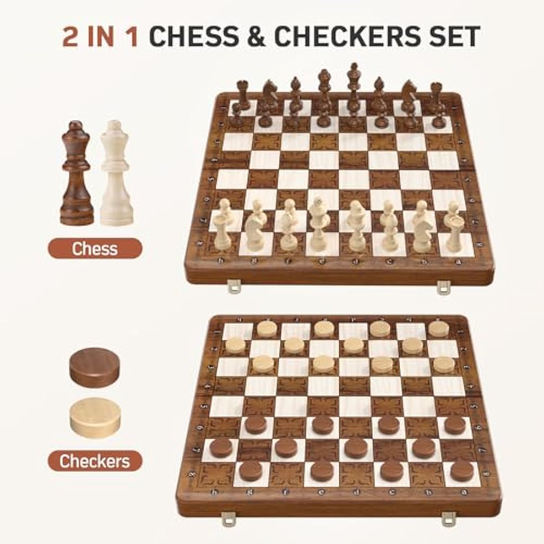Sarr Klith Chess Set and Checkers 2IN1, 16" Wooden Magnetic Chess Board for Adults Kids, Foldable Travel Chess Set with 2 Extral Queen, Chess Gift Toys for Boys Girls