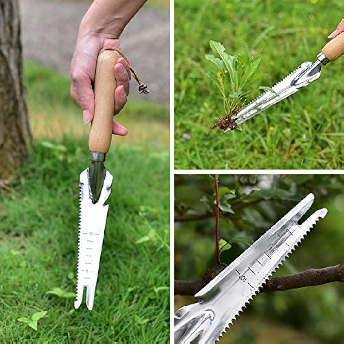 Garden Weeding Tools Multifunctional Manual Weeder Wooden Handle Weed Remover Tool,Stainless Steel Weeder with Measure, Dandelion Removal Tool Hand Weed Puller for Garden Yard Patio Lawn Transplant