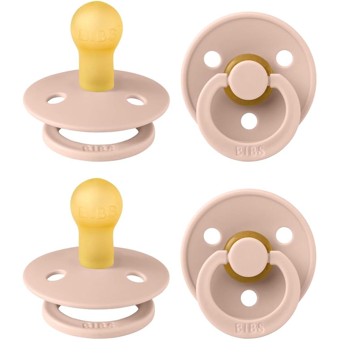 BIBS Dummies Colour 4-Pack, BPA Free Dummy Pacifier, Round Nipple Soothers, Natural Rubber Latex, Made in Denmark, Size 1 (0-6 Months), Blush