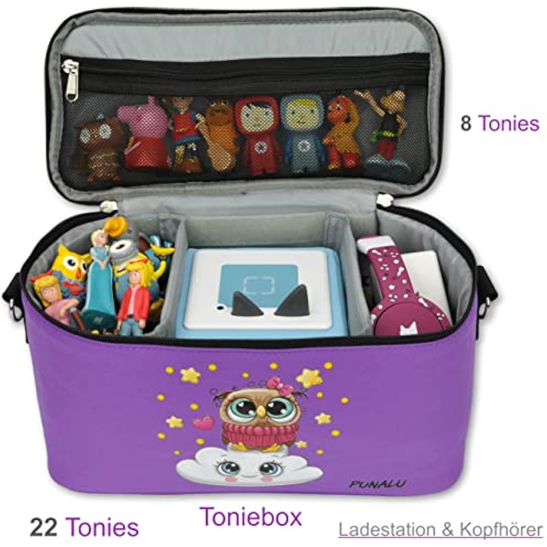 PUNALU Case for Toniebox, Space for 30 Tonies, Charger and Headphones Toniebox Bag (Owls Purple)