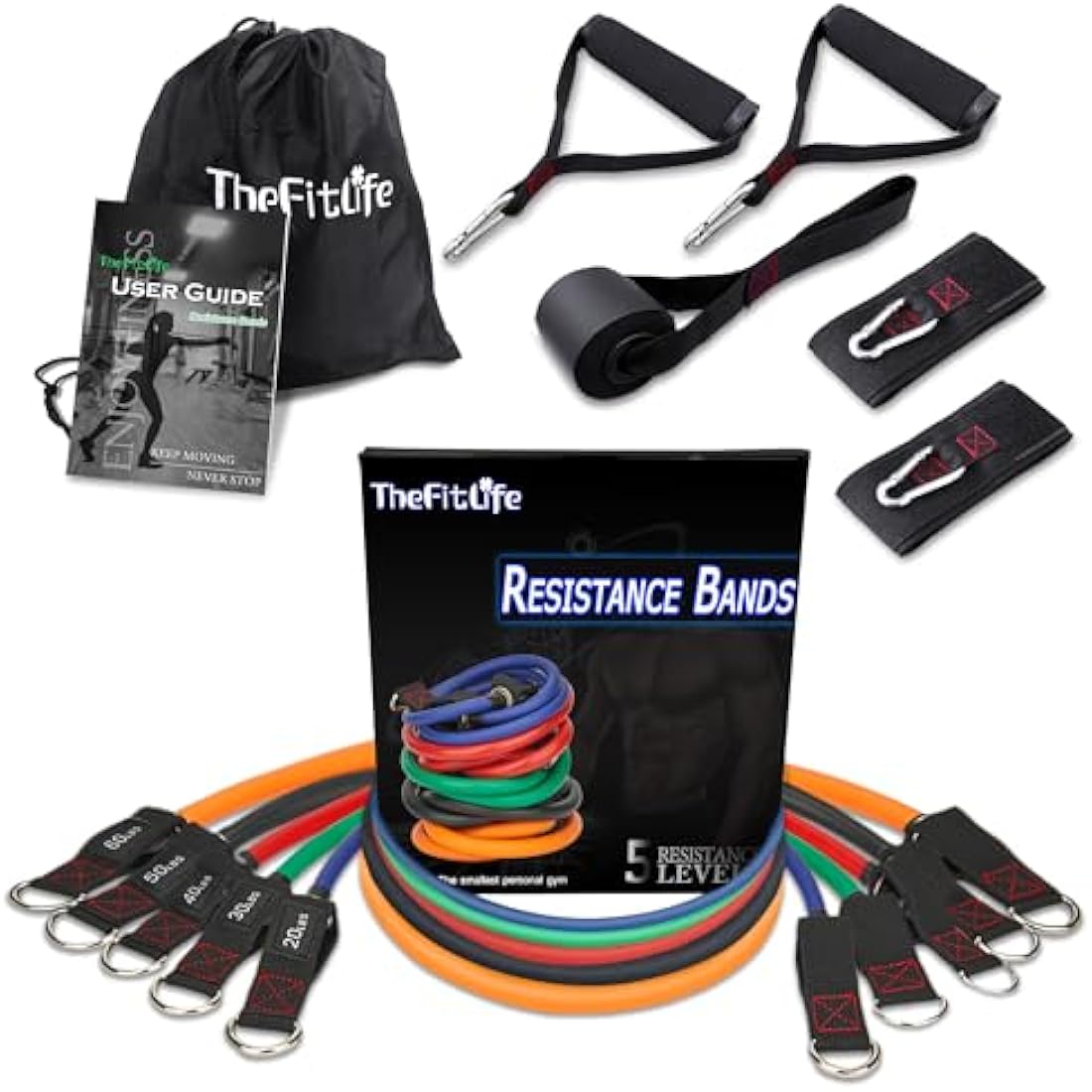 TheFitLife Exercise Resistance Bands with Handles - 5 Fitness Workout Bands Stackable up to 110/150/200/250/300 lbs, Training Tubes with Large Handles, Ankle Straps, Door Anchor, Carry Bag
