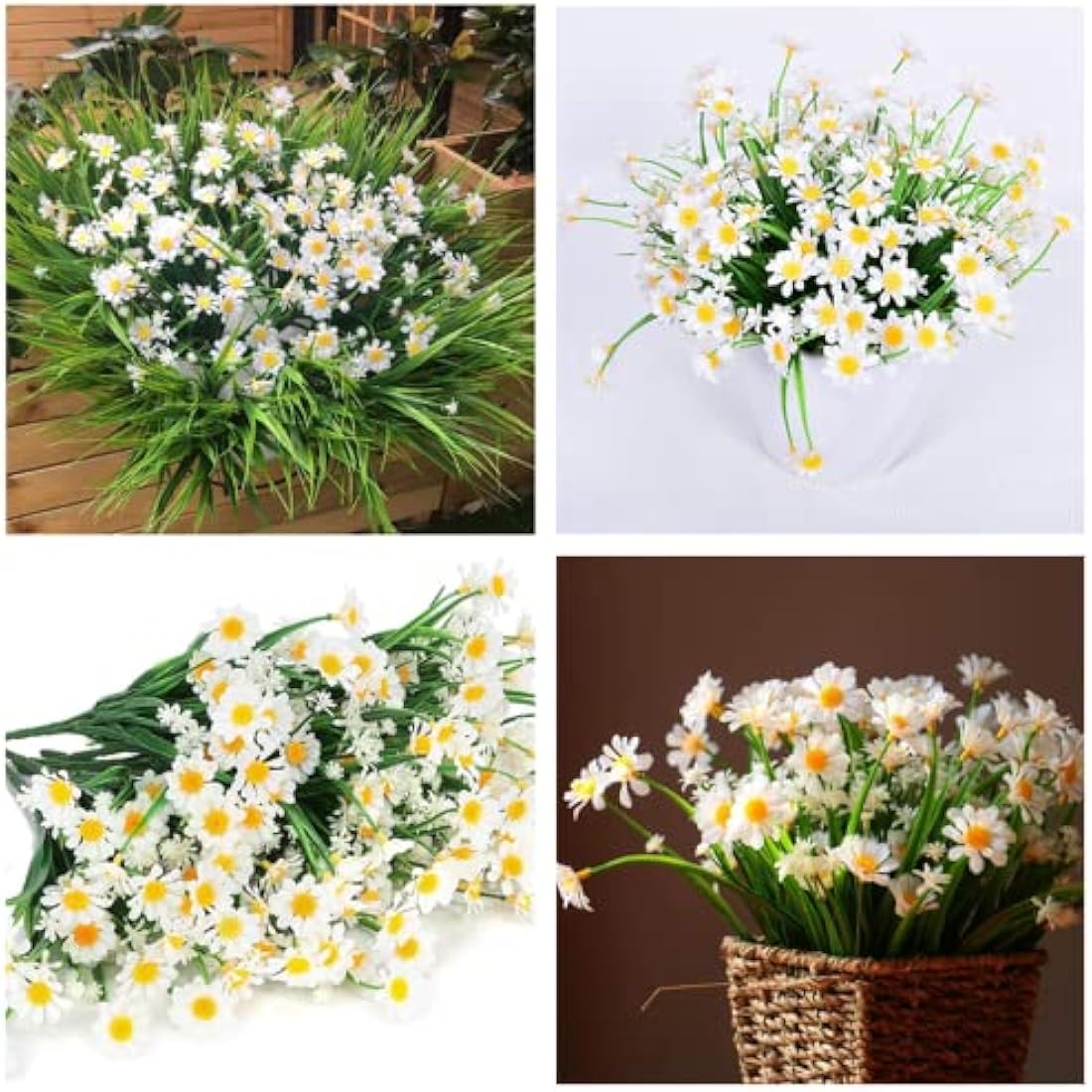4PCS Artificial Daisy Flowers Outdoor Spring Summer Decoration UV Resistant Fake Flowers Faux Plastic Greenery Shrub Plant Indoor Outside Hanging Garden Home Porch Wedding Party Decor (White)