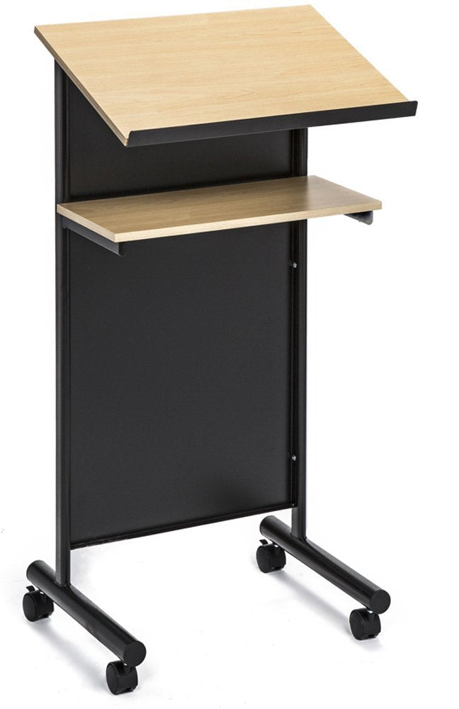 Audio-Visual Direct Wheeled Lectern with Storage Shelf - Beech/Black - Compact Standing Desk for Reading - LapTop Stand