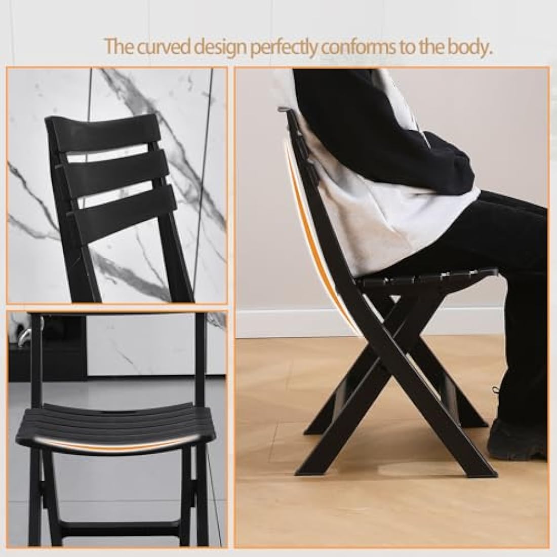 BOOSDEN Folding Plastic Chairs 4 Pack, Foldable Patio Stackable Chairs with Backrest for Outdoor Indoor Camping Picnic Dining Party Wedding Event Black