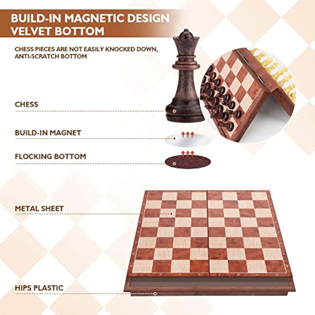 Peradix Chess Set and Draughts Board Games 2 in 1 | Magnetic Chess Checkers Board Toys | Travel Folding Board and Chess Piece for Kids and Adult (25x25cm), Brown