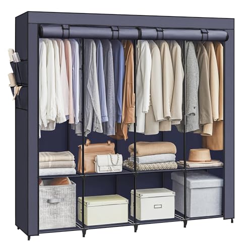 SONGMICS Clothes Wardrobe, Portable Closet, Garment Organiser Rack with 4 Hanging Rails, Shelves, 4 Side Pockets, 45 x 170 x 167 cm, Large Capacity,