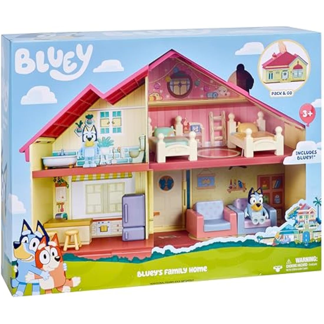 Bluey Heeler Family Home Play Set: 1 Official Collectable Action Figure, Large Playhouse Playset 4 Rooms, Furniture Accessories and Pull Down Patio
