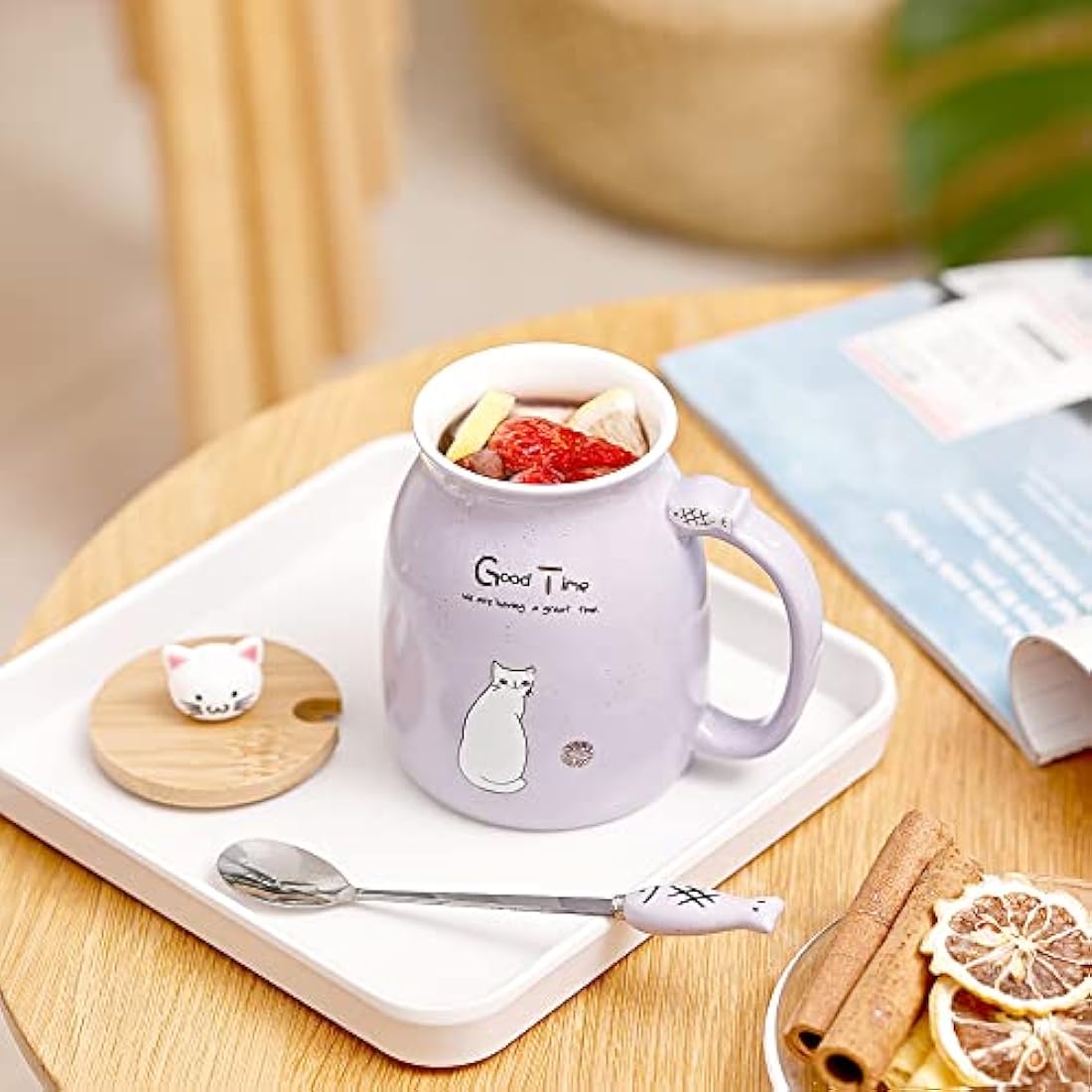 Cute Cat Mug Set of 4 Ceramic Coffee Cups with Lovely Kitty lid and Fish Spoon Novelty Morning Tea Milk Mug Set for Girls Women Christmas Birthday Gift Mug 450ML/15oz (4pcs,Blue Pink Purple Yellow)
