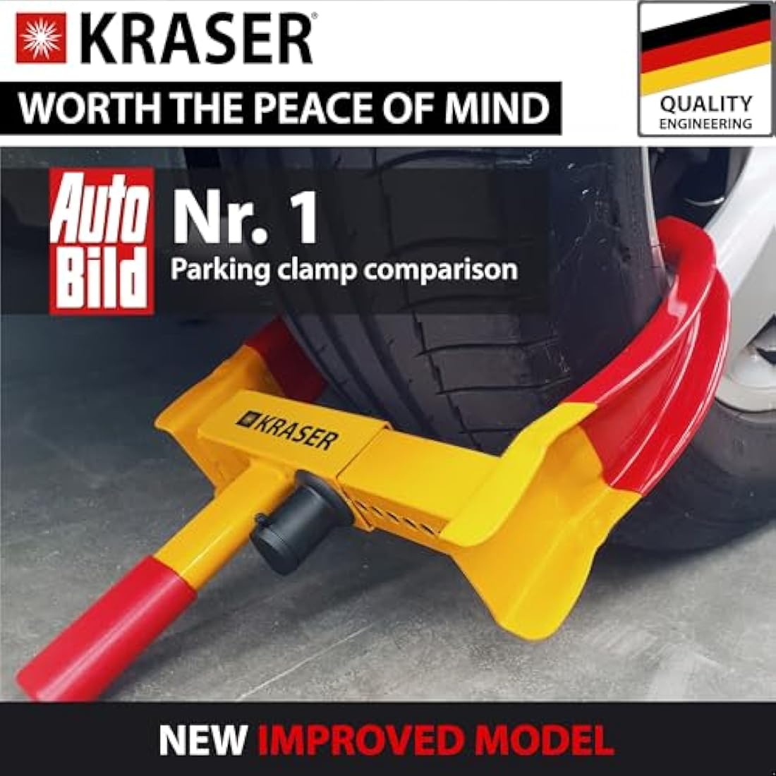 KRASER WA820 Wheel Clamp Theft Security, Universal, Adjustable Cars, Caravans, Trailers, PVC Protection, Anti-Drill Lock