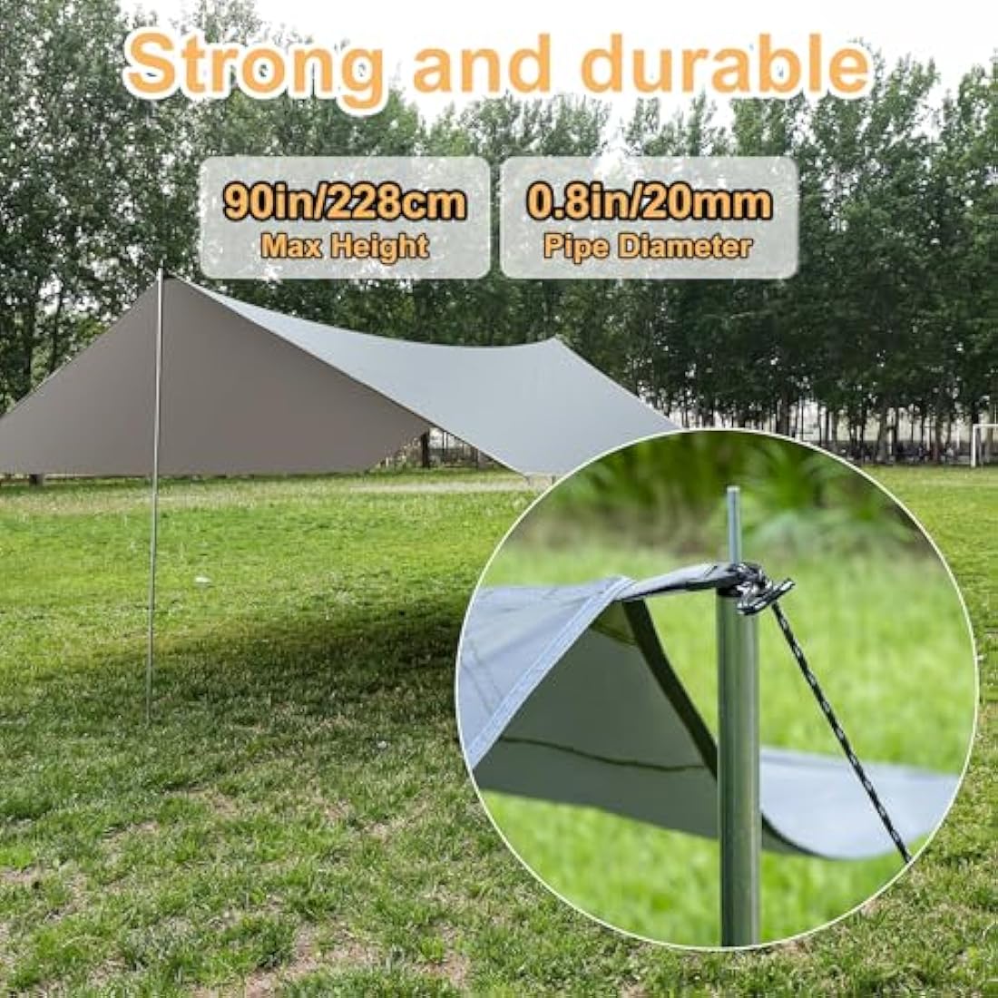 WADEO Large 12x16FT Camping Tarp, Waterproof Tarp with Heavy-Duty Fabric & Poles, Hammock Tent For Camping, Hiking, Comes with Luminous Pegs & Hammer, Easy to Set Up (Grey)