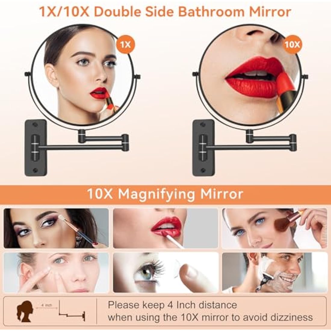 AumVum 8 inch Makeup Mirror Wall Mounted, 1X/10X Double-Sided Wall Mount Magnifying Bathroom Shaving Mirror with Extendable Arm, 360° Swivel for Bathroom Vanity and Makeup, Matte Black（No Light）