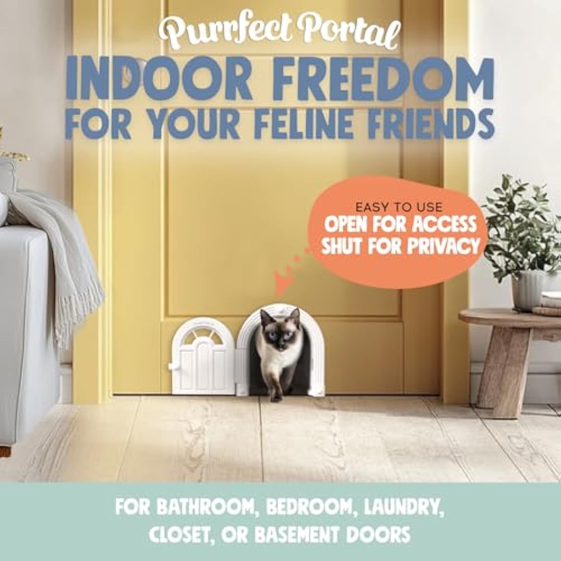 Purrfect Cat Door - No-Flap Interior Door for Cats Up to 20 lbs, Easy DIY Setup, Secured Installation in Minutes, No Training Needed