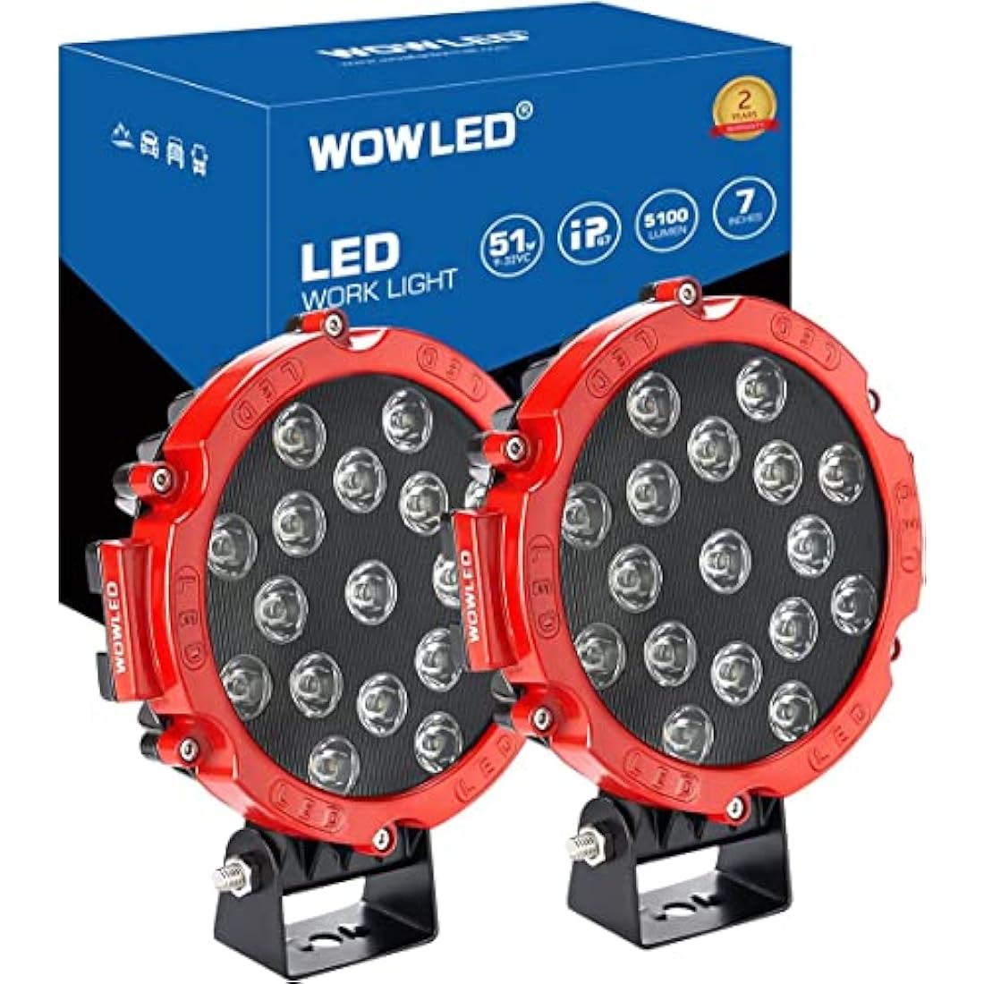 WOWLED Off Road Work Lights, 2 Pcs 7" 51W Round LED Driving Work Light Headlight, Red 7 Inch 4x4 Spot Lights 12V 24V Work Lamp for Offroad Driving SUV 4WD ATV Truck Tractor Boat Car