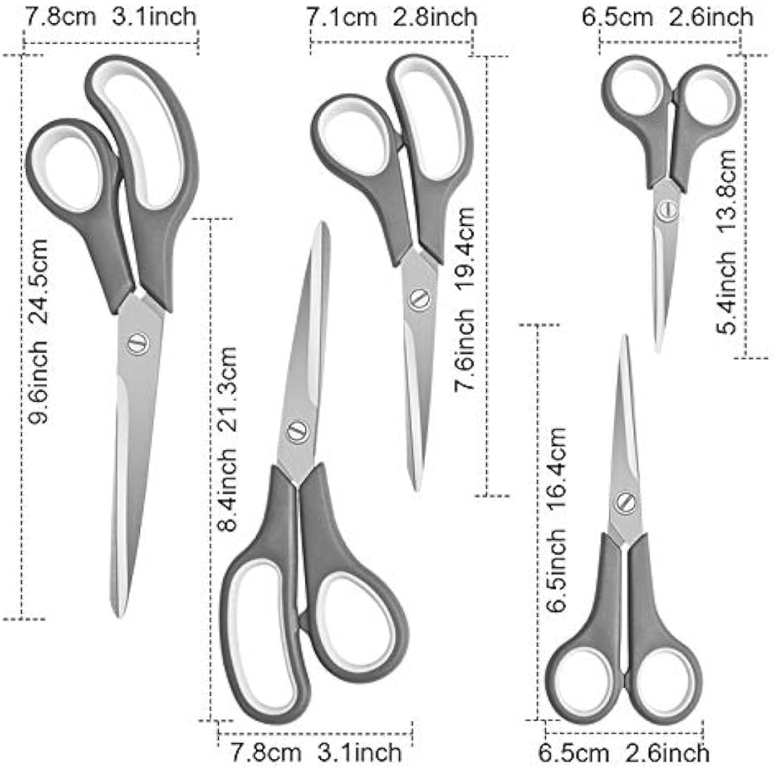 KUONIIY Scissors Ultra Sharp Blades Soft Comfort-Grip Handles Multi-Purpose Scissors Set of 5