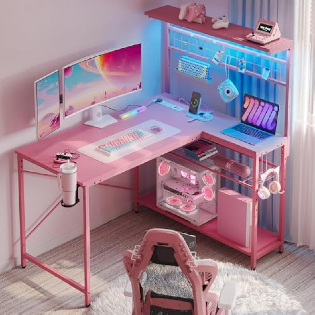 Bestier L-Shaped Gaming Desk with Power Outlets, LED Workstation with 4 Tiers Shelves for Home Office, Gamer Reversible Table with Hooks and Cup (PDCF, 106cm)
