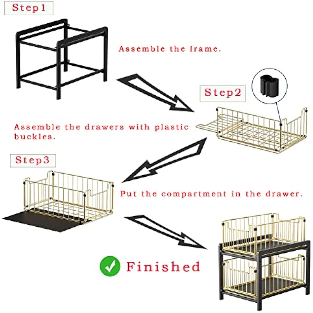 YunNasi Under Sink Storage 2-Tier Pull Out Sliding Basket for Cabinet Kitchen Cupboard Organiser Detachable Metal Storage Rack for Bathroom (Regular, WhiteWhite)
