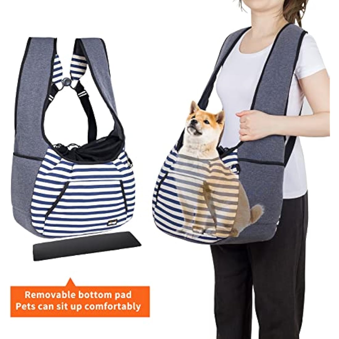 NATUYA Dog Sling Carrier Puppy Carrier, Adjustable Pet Front Sling Carrier Backpack Travel Bag, Bottom Pad, Pet Carrier for Small Dog Cat Puppy Traveling Hiking Camping (Blue Stripe, 3-7kg)