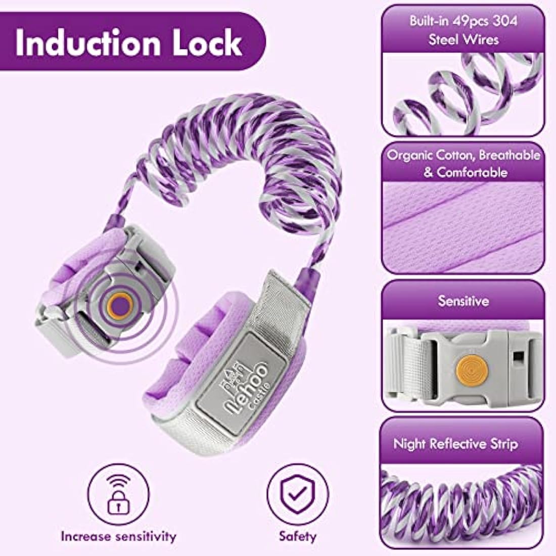 Lehoo Castle Baby Reins for Walking, 1.5M Toddler Reins for Kids with Induction Lock, Anti Lost Wrist Link Wrist Reins, Child Safety Harness for Boys and Girls (Purple)