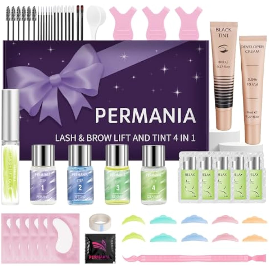 PERMANIA Lash Lift and Tint Kit, 2025 New Upgraded Lash & Brow Tint and Lift Kit, 4-in-1 Eyelash Perming and Eyebrow Lamination Kit with Tint, Beginner Friendly, Lash Up to 4-6 Weeks
