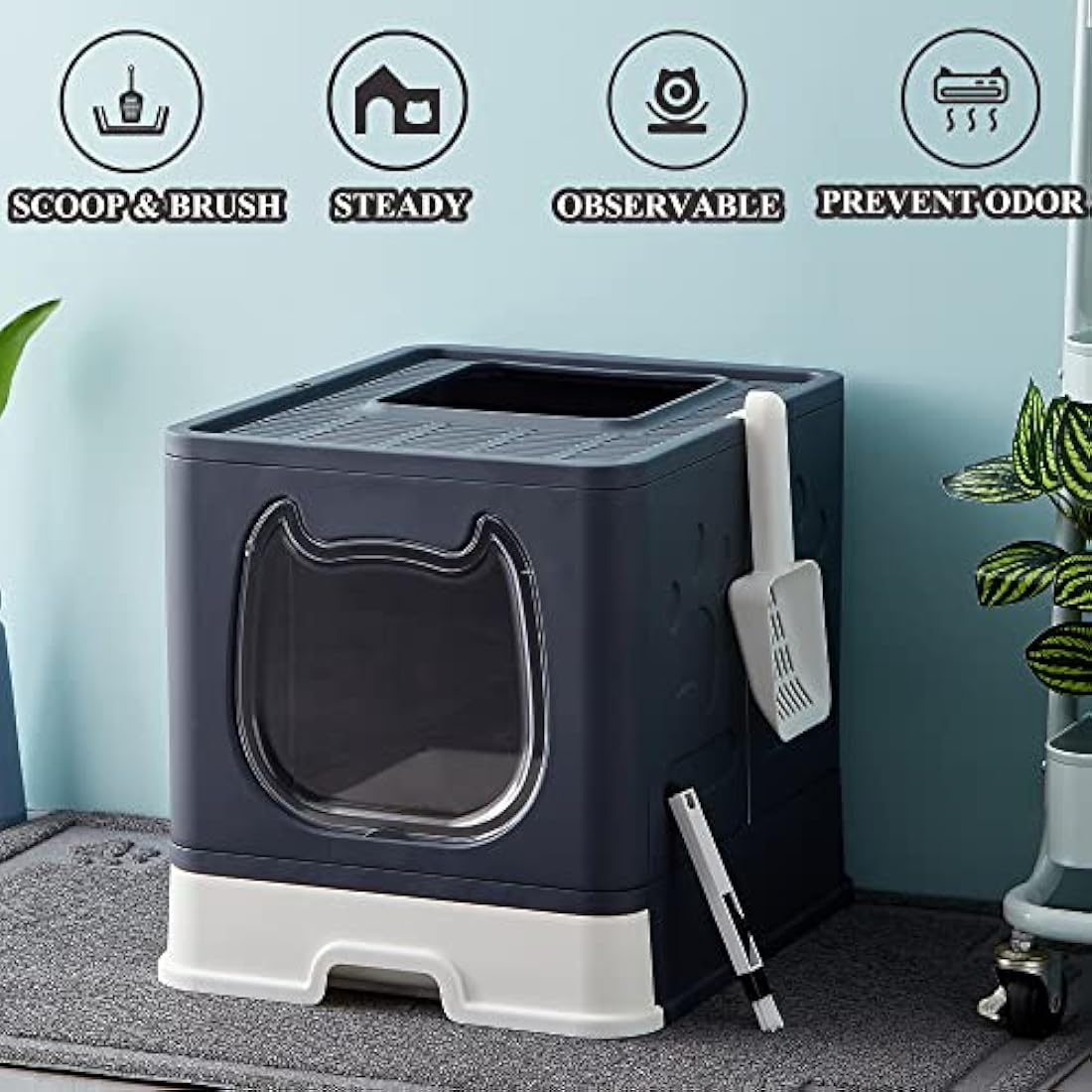 Vealind Covered Cat Litter Box with Lid for Small and Medium Cats, Top Entry Drawer Type with Front Door Cat Litter Tray (Black)
