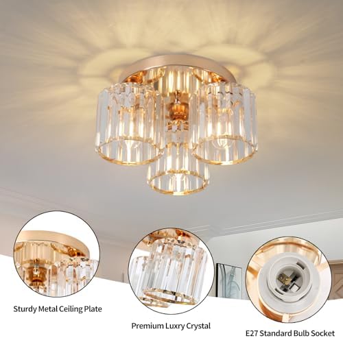 ZYDTRIP Crystal Chandeliers Ceiling Light, 3-Lights Crystal Ceiling Lights Living Room, Modern Gold Semi Flush Light Fittings for Bedroom, Hallway, Bathroom, Foyer, Kitchen Light Fixture