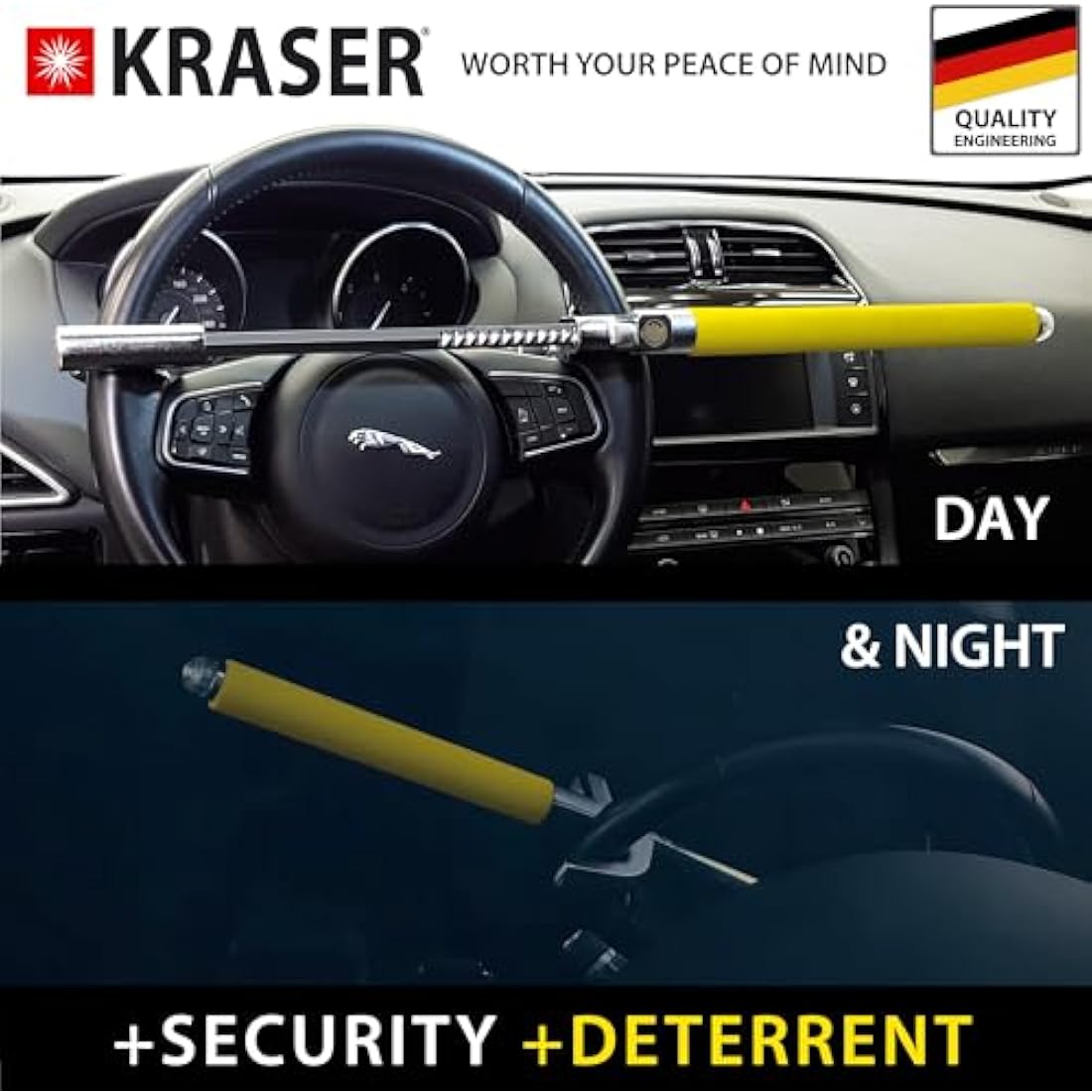 KRASER WA839Y Steering Wheel Lock High Security Bar, More Visible, Deterrent, Adjustable Double Hook Locking, Emergency Hammer, Universal Anti Theft Lock for Car, Truck, Van, Camper, Golf Cart