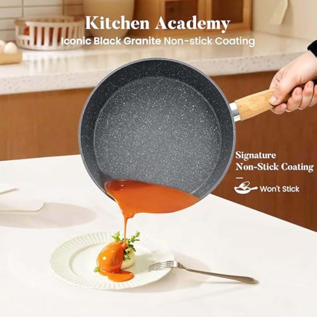 Kitchen Academy 17 Pcs Induction Hob Pots and Pans Set Non Stick, Nonstick Induction Kitchen Cookware Sets, Gray Granite Cooking Saucepan and Frying Pans Set
