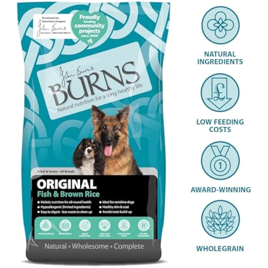 Burns Pet Nutrition Hypoallergenic Complete Dry Dog Food Adult and Senior Dog Original Fish and Brown Rice 12 kg