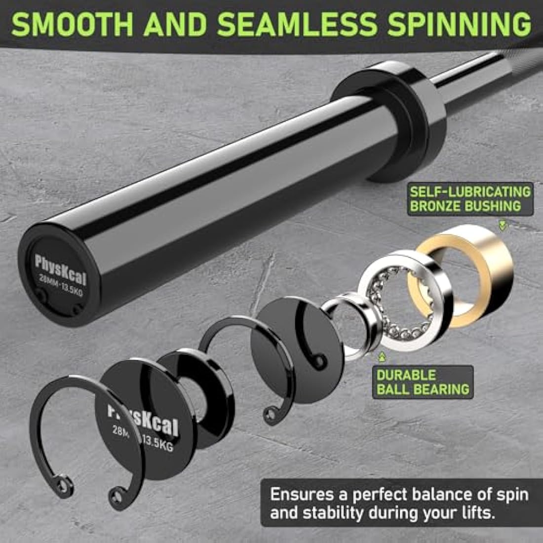PhysKcal 4ft, 5ft, 6ft Barbell, Olympic EZ Curl Bar with Smooth Bushing & Bearing for 2'' Weight Plates, International Barbells for Press, Squat, Deadlift and Multiple Purposes