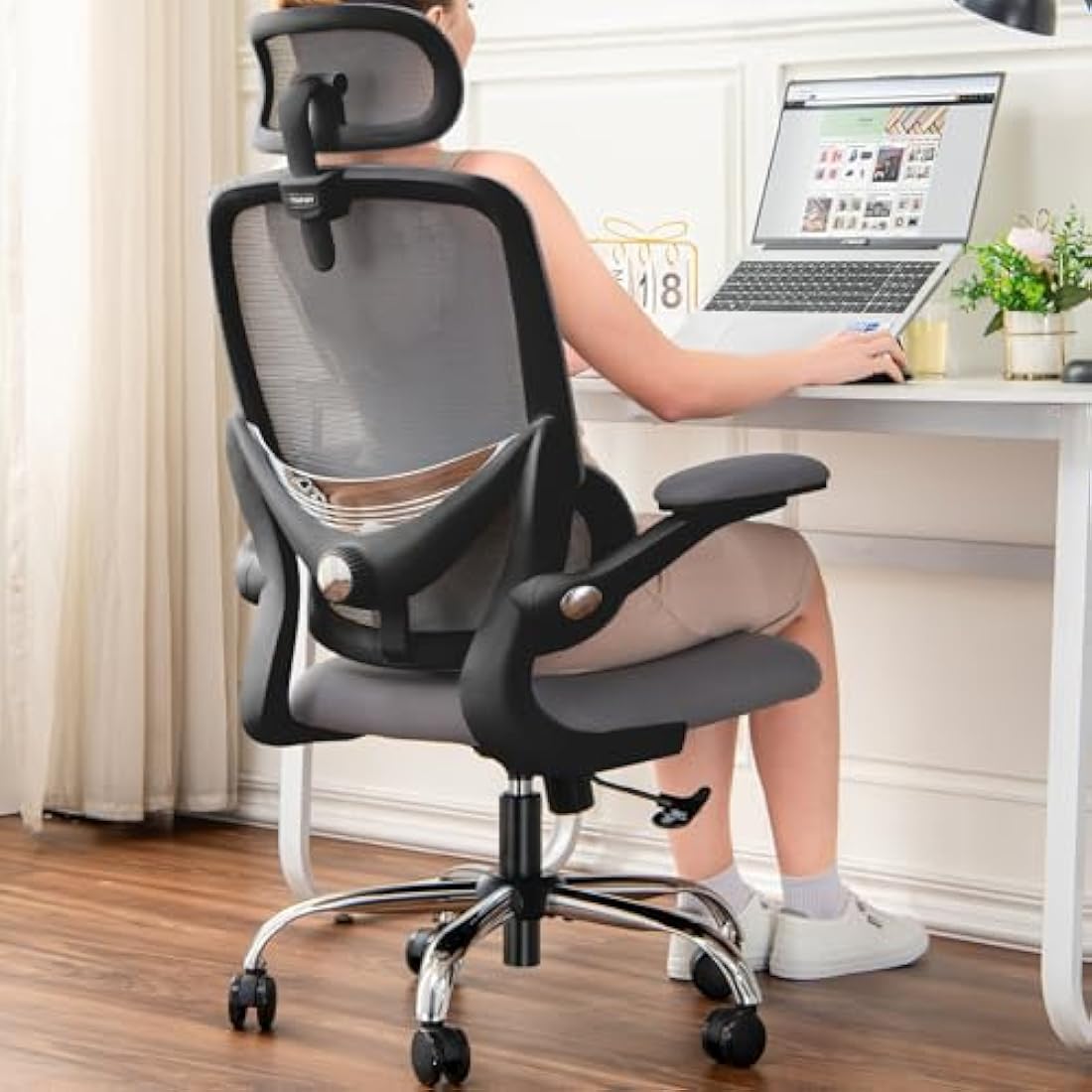 TONFARY Ergonomic Office Chair - High Back Mesh Design with Adjustable Lumbar Support, Flip-Up Armrests, Removable Headrest & 360° Swivel - Space-Saving for Home, Work, or Gaming - Black + Grey