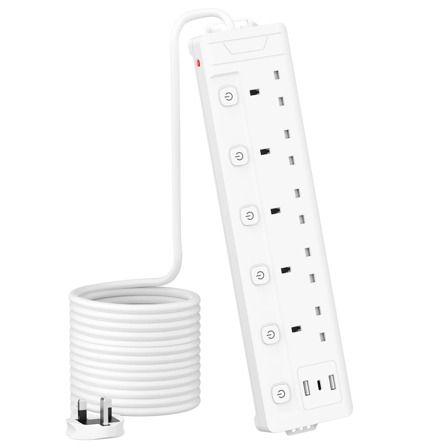 5M 5 Gang Extension Lead with 3 USB Slots Multi Plug, Mscien Extension Lead with 5M with Individual Switch, White 5 Metre, For Home Dorm Office