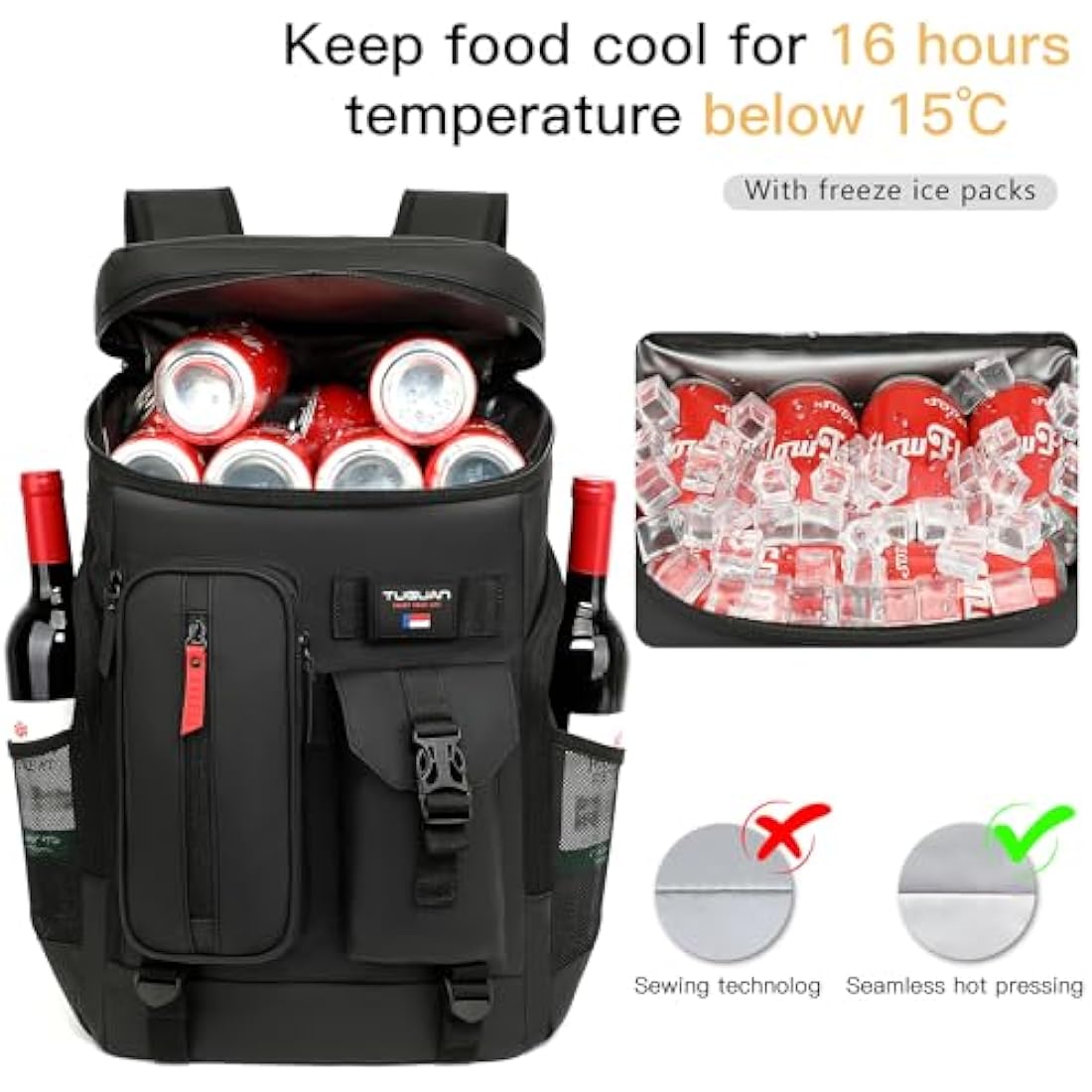 TUGUAN 30L Cooler Backpack 36 Cans Insulated Cool Bag Rucksack Leak Proof Picnic Backpack Men for Lunch Work Thermal Rucksack Women for Travel Camping Beach