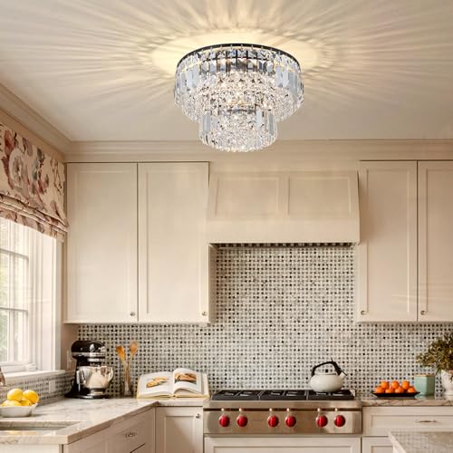 BESTIER Modern Black Crystal Flush Mount Chandelier Lighting LED Ceiling Light Fixture Lamp for Dining Room Bathroom Bedroom Livingroom 4 G9 Bulbs