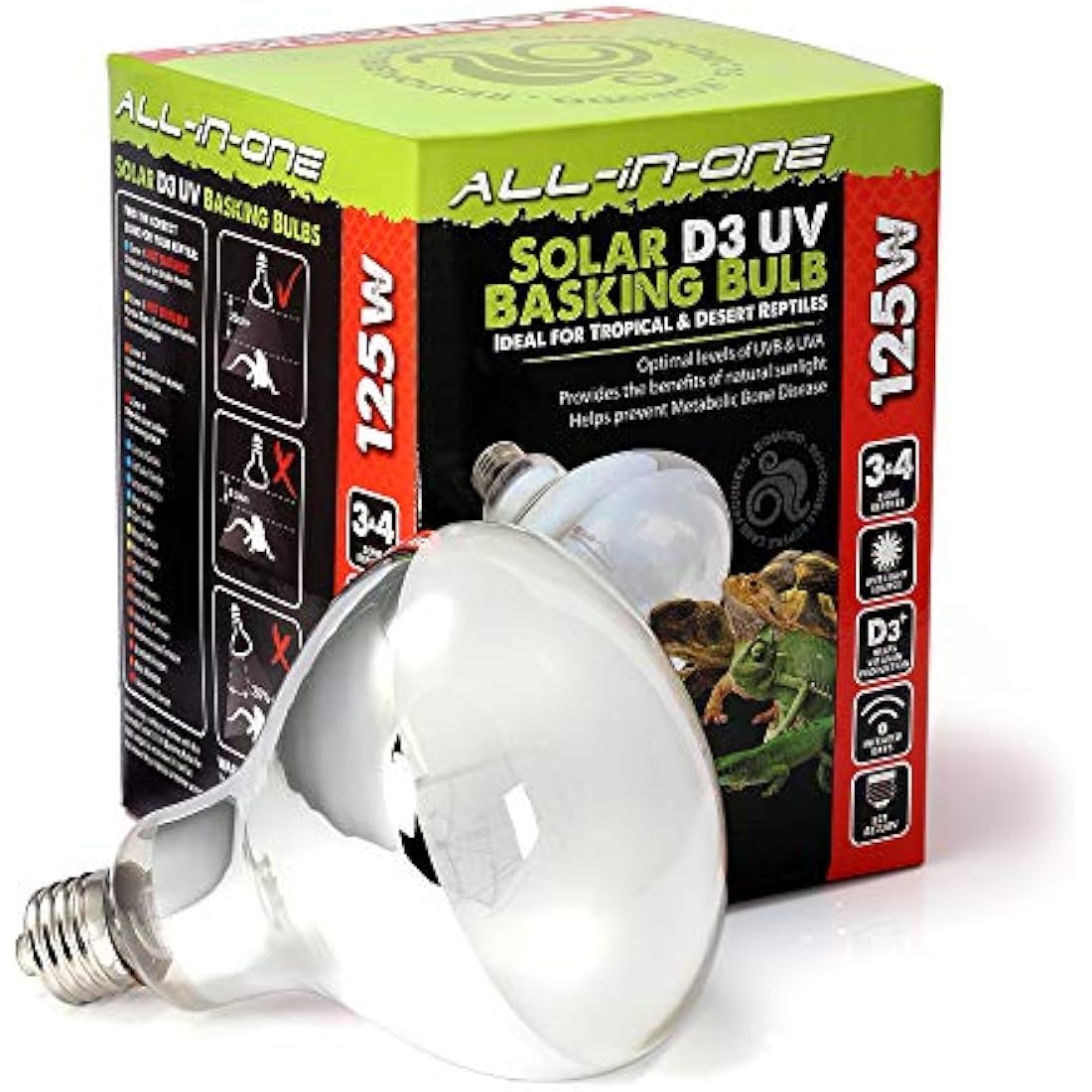 Komodo Solar D3 UV Basking Bulb Heat and Light Bulb for Desert & Tropical Reptile Habitats, Terrarium & Vivarium Lighting 125W