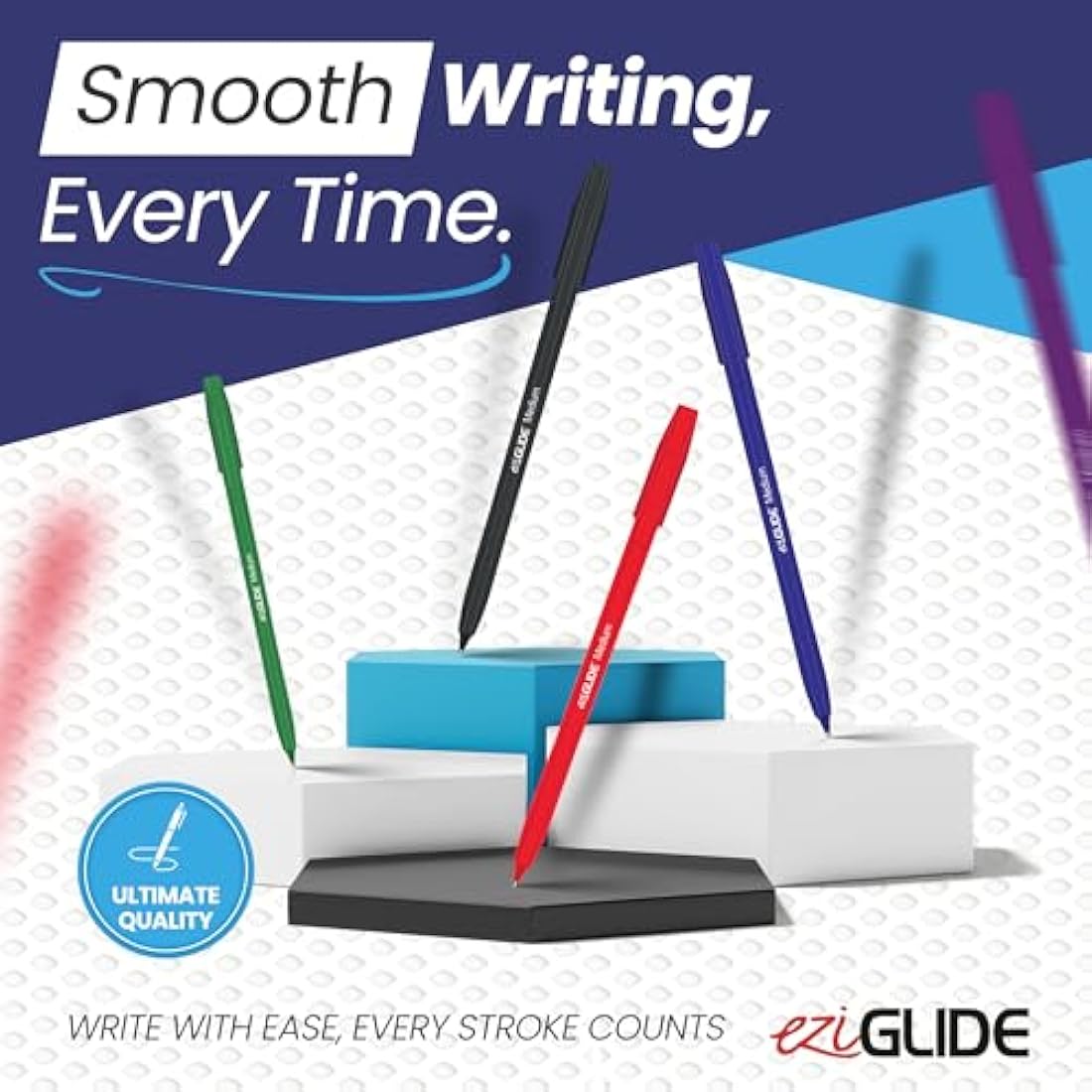Eziglide 50-Pack Ballpoint Pen Set, 5 Assorted Colours – Medium Point Nib (1.0mm) for Precise Writing & Ergonomic Grip – Writing Pens for Home, Office, Teachers, Exams, Work, and Stationary Use