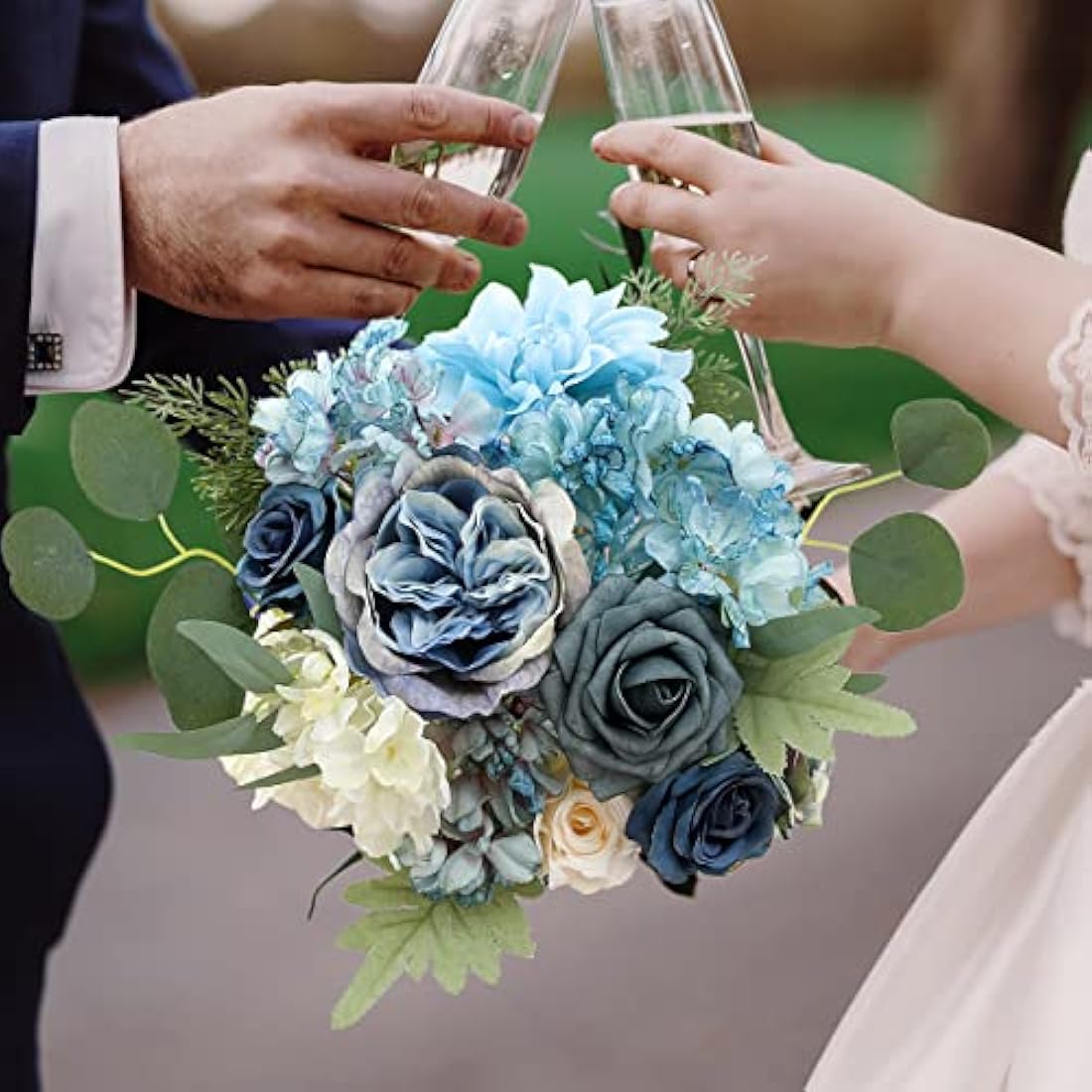 Kisflower Artificial Flowers Dusty Blue Silk Artificial Roes Combo Peony Flower for DIY Wedding Bridal Bouquet Party Home Decorations (Dusty Blue)