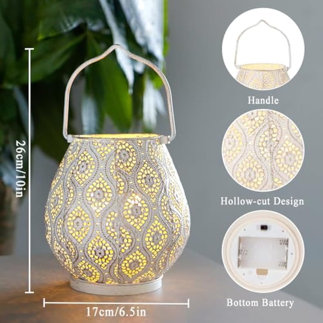 TRIROCKS Set of 2 Moroccan Decorative Metal Table Lamps 26cm H Battery Powered Cordless Lanterns with Fairy Lights Bulb for Home Living Room Garden Yard Party Events Tabletop Indoor Outdoor (White)